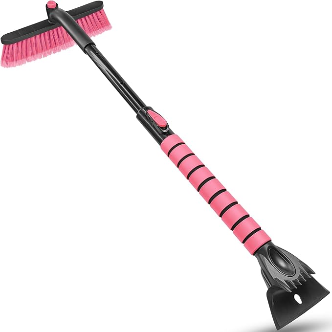 SEAAES 35 Inch Ice Scraper and Snow Brush for Car Windshield, Extendable Snow Scraper Brush with Foam Grip for Truck SUV Vehicle Window - Pink