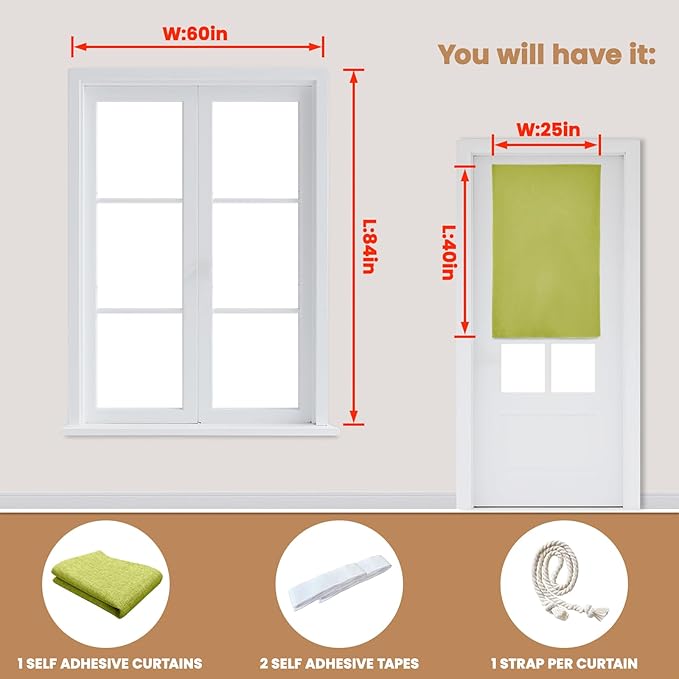 100% Blackout French Door Curtain,Adhesive, No Drilling Required,Small Curtains Designed for Installation On Doors (Fruit Green - W25 × L40 in)