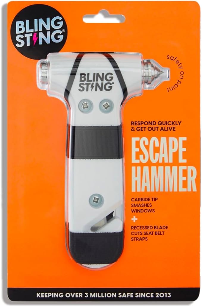 BLINGSTING Safety Hammer - Emergency Automotive Escape Tool with Window Breaker, Seat Belt Cutter & Adjustable Car Visor Strap - Tempered Glass Breaker - Steel Blade - White (1 Count)