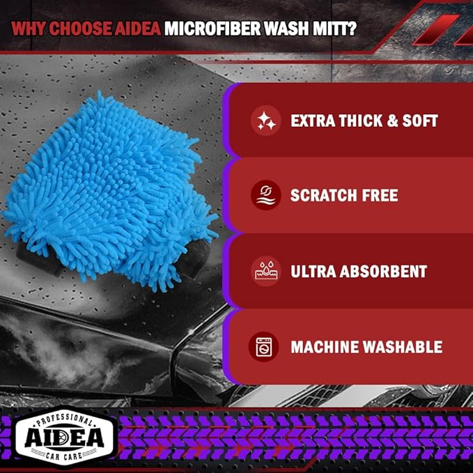 AIDEA Car Wash Mitt Microfiber2PK, Scratch-Free& Lint-Free, Premium Chenille Microfiber Wash Mitt-Blue Extra Large Size (8''X12'')