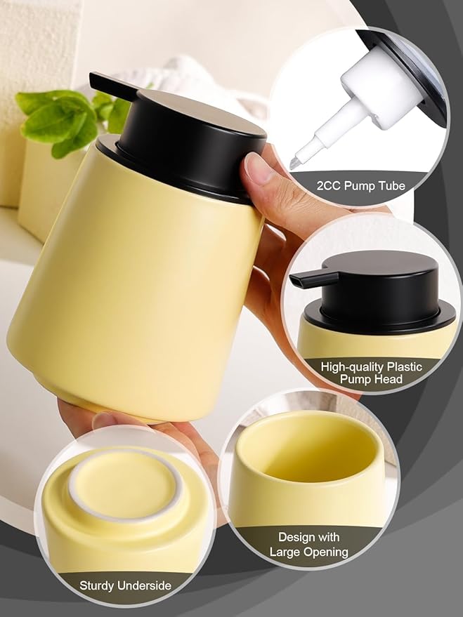 INGOFIN Ceramic Foaming Soap Dispenser -14 oz Foam Hand Soap Dispenser Bathroom, Modern Refillable Dish Wash Bottle for Kitchen with Large Pump, Matte Yellow
