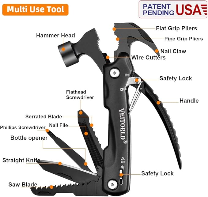 VEITORLD Gifts for Men Dad Husband Christmas, All in One Tools Mini Hammer Multitool, Unique Anniversary Birthday Camping Gifts Ideas for Man Him Boyfriend Grandpa, Cool Stocking Stuffers for Men