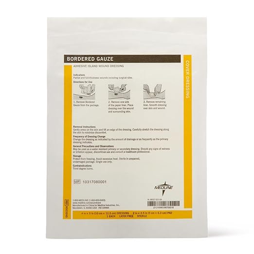 Medline Sterile Bordered Gauze Adhesive Island Wound Dressing, 4" x 5" with 2" x 2.5" Pad - Count of 15