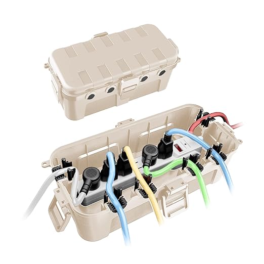 QUOBAS 2 Pack Outdoor Waterproof Electrical Box with 6 Cable Ports, IP54 Weatherproof Heavy-Duty Extension Cord Cover for Power Strips, Garden Power Tools, Holiday Lights, Almond
