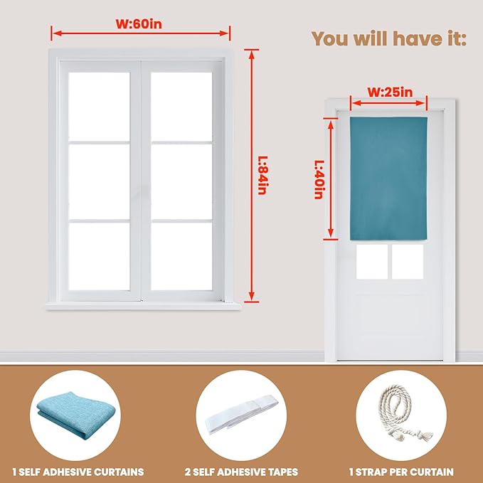 100% Blackout French Door Curtain,Adhesive, No Drilling Required,Small Curtains Designed for Installation On Doors (Stone Blue - W25 × L40 in)