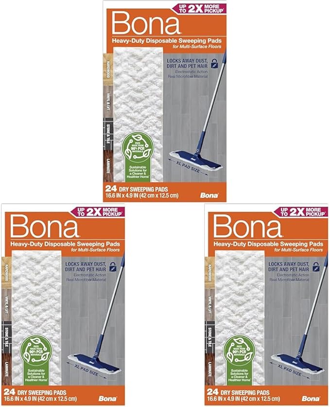 Bona Sweeping Pads for Multi-Surface Floors - 24 Refills - Heavy-Duty & Disposable Pads - XL Microfiber Pads Sweep Away Dust, Dirt, & Pet Hair (Pack of 3)