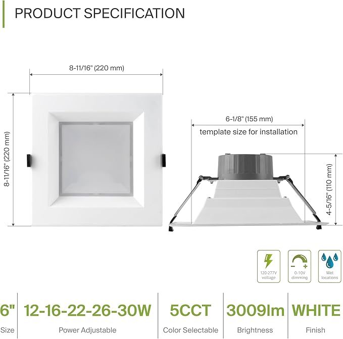 ASD Commercial LED Downlight 6 Inch, Square Power Adjustable Downlights 12/16/22/26/30W, LED Recessed Lighting 120-277V, 5 CCT 2700K-5000K, Dimmable Ceiling Light Fixture, IC Rated, White, ETL, 8 Pack