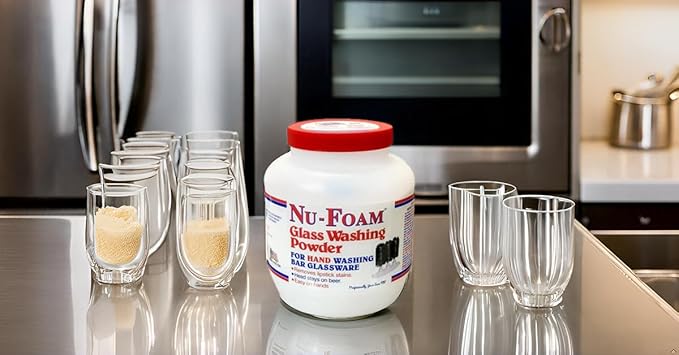 Nu-Foam Glass Washing Powder - Detergent for Bar Glassware – Original Streak-Free Solution - Hand Washing Bar, Tavern, Brewery Supplies - Spotless Serving Glasses - Easy On Hands - 4 Lb Jar