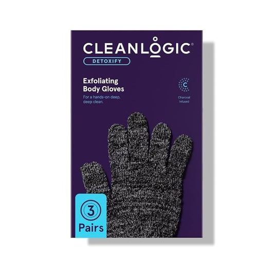 Cleanlogic Detoxify Charcoal Infused Exfoliating Glove, Stretchy Bath & Shower Gloves, Reusable Exfoliator Tool for Smooth & Softer Skin, 3 Pairs, 6 Count Value Pack