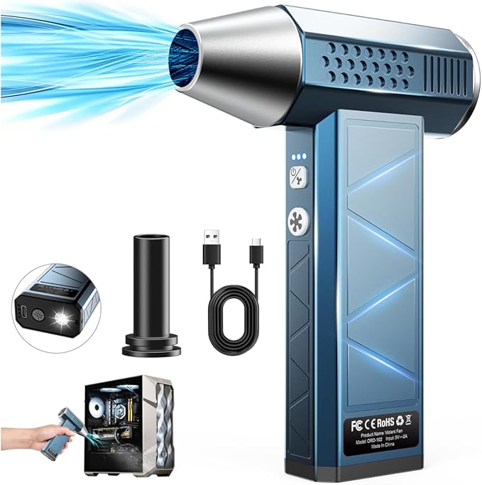 Compressed Air Duster, 380000RPM Powerful Electric Air Duster with LED Light, 4-Gear Rechargeable Mini Blower with Brushless Motor, Jet Dry Blower for Computer, Keyboard, Home, Car, Outdoor