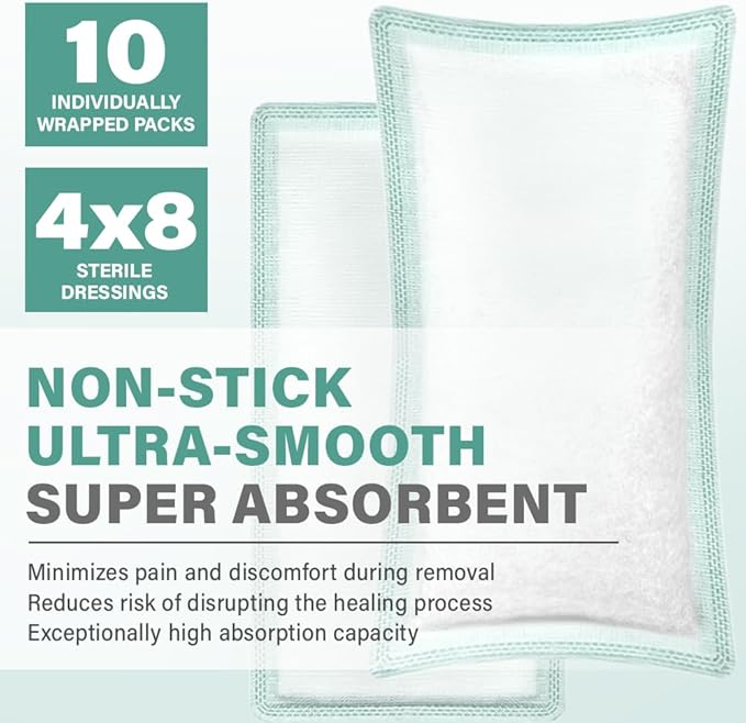 EquiFlow Super Absorbent Dressing for Heavily Exuding Wound | Fast-Absorbing Non-Adhesive Polymer Dressing with Nonstick Gauze Pad | High Absorption & Retention | Pack of 10 (4" x 8")