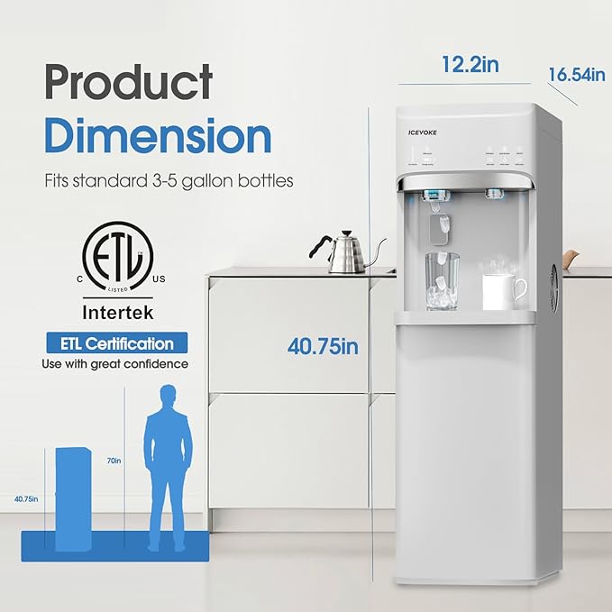 Self-Cleaning Water Dispenser with Ice Maker, Bottom Loading Hot and Cold Water Cooler for 5 Gallon Bottle - Includes Child Safety Lock & Nightlight - Water Machine for Home, Office, White