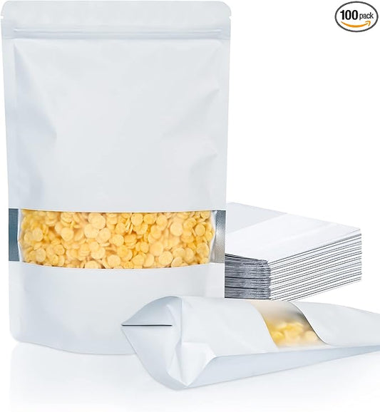 FireKylin 100 Pack Smell Proof Bags 5.9" x 8.6", Resealable Bags with Matte Window, Foil Pouch Stand Up Sealable Bags for Packaging（White）