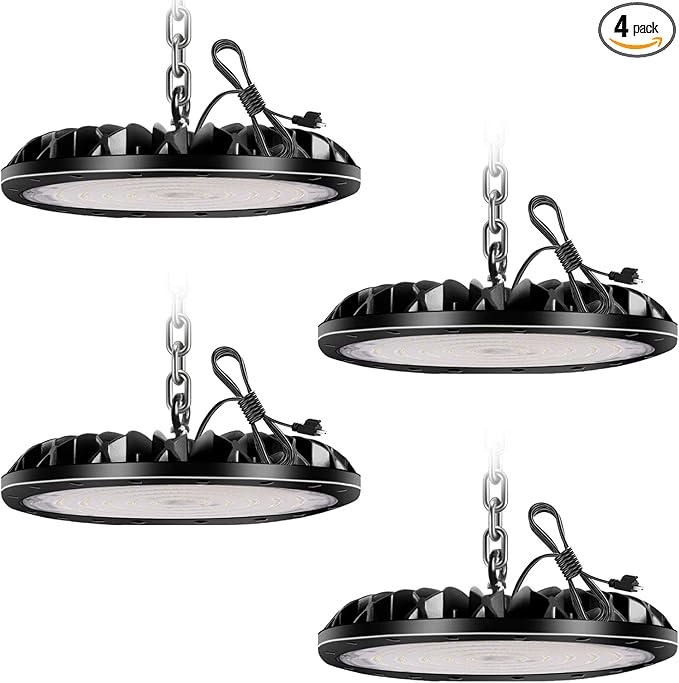 4 Pack LED High Bay Light 300W 30000LM, UFO LED Shop Light with 4ft Plug Cable, 6000K Commercial Bay Lighting, IP65 Waterproof for Warehouse Workshop
