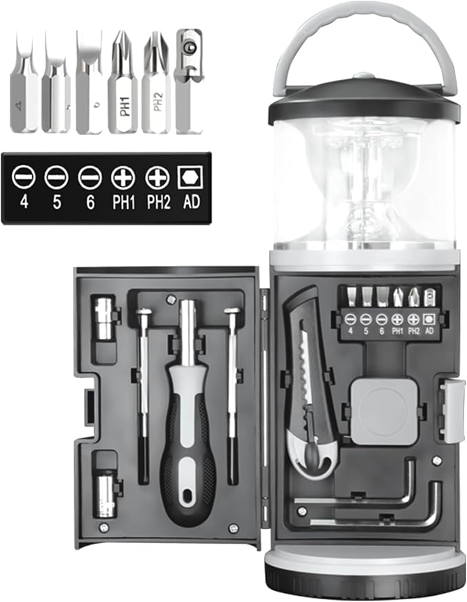 LED Camping Lantern with 15PCS Tool Kit, Battery Lamp for Tent Hanging, Portable Emergency Light with Built-in Tools Set, Lanterns for Power Outages, Outdoor, Fishing (3 AA Batteries Not Included)