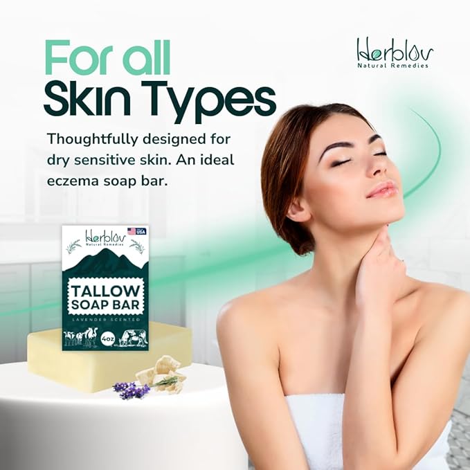 Beef Tallow Soap Bar – All Natural Grass Fed Tallow Soap Lavender – Moisturizing Face & Body Wash Great for Eczema, Dry, Itchy, Sensitive Skin – Handcrafted Bath Soap for Adults, Kids, Made in USA