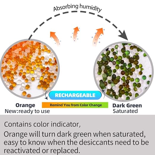 2Pcs 500 Gram Desiccant Packs, Indicating Silica Gel (Orange to Dark Green), Rechargeable Gun Safe Dehumidifier, Moisture Absorbers for Storage, Humidify Control