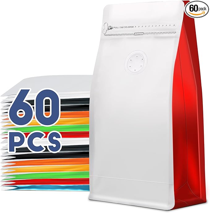 Coffee Bags with Valve(60pcs,16 oz,1 lb) Vented Coffee Beans Packaging Bags High Barrier Aluminumed Foil Flat Bottom Heat Sealed Side Zipper Resealable Storage Bag for Home or Business（White+Red）