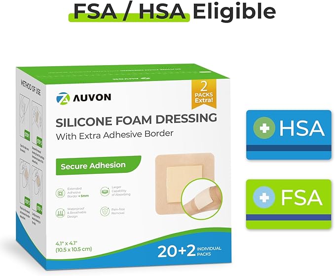 AUVON Silicone Foam Dressing with Large Adhesive Border, 4" x 4" 22 Packs Wound Dressing Bandage with High Absorbency, Waterproof Silicone Foam Pads for Wound Care & Protection Plus Cushioning