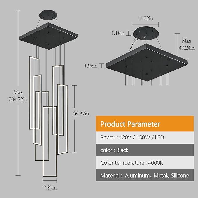Modern Black Chandelier Dimmable 6 Rings Rectangle Pendant Lighting Living Room Foyer High LED Ceiling Chandelier 4000K Staircase Pendant Light Fixture
