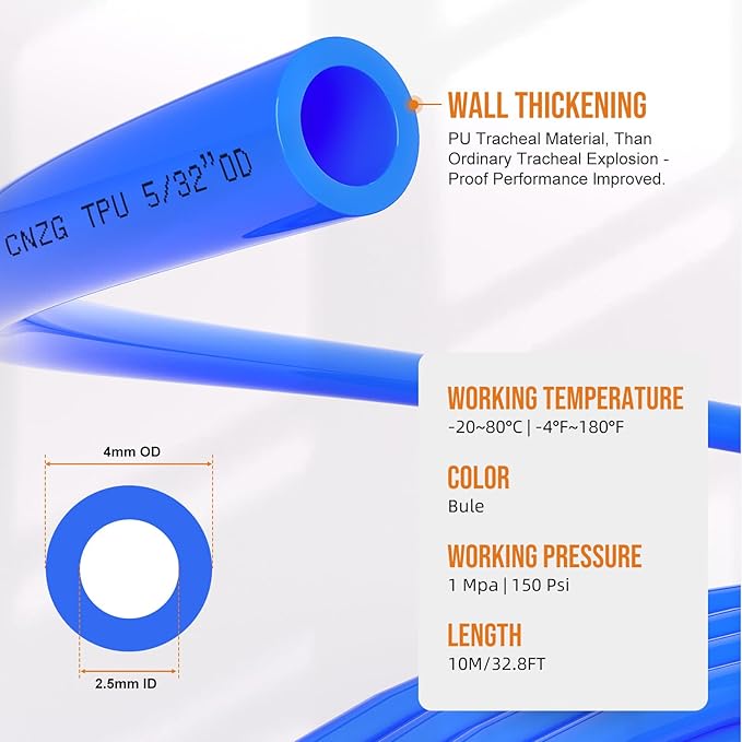 5/32 4mm Air line,5/32 inch OD Air Hose Kit,Airline Tubing Repair Kit Compressor Tube with Push to Connectors Fittings (Blue-32.8FT/10M)