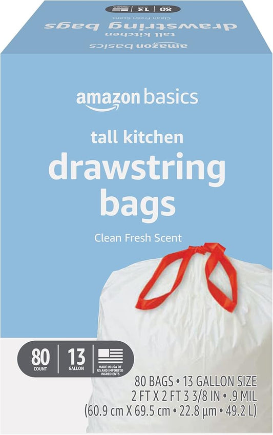 Amazon Basics Tall Kitchen Drawstring Trash Bags, Clean Fresh Scent, 13 Gallon, 80 Count (Previously Solimo)