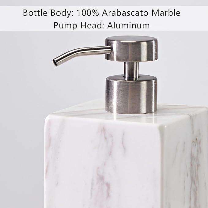 White Marble Soap Dispenser, Natural Organic Marble Soap Pump with Metal Push Pump, Elegant Square Hand Lotion Jar, Premium Heavy Duty Pump Bottle, Lotion Jar for Kitchen, Bathroom, Laundry Room