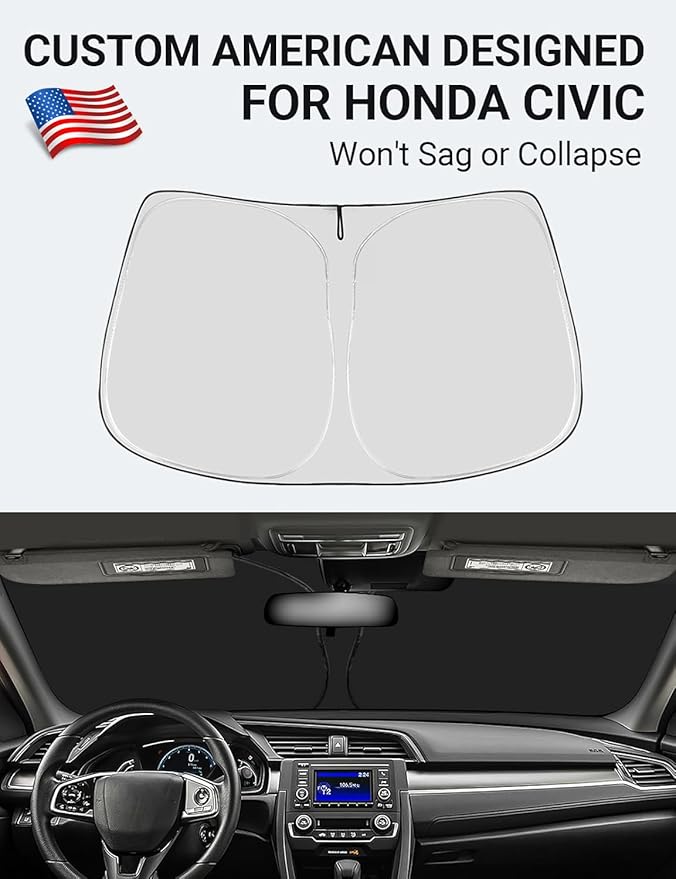 Proadsy 2025 Upgrade Windshield Sun Shade Custom Fit Honda Civic 2016-2021 4-Layer Foldable Front Sunshade Protector Sun Visor Blocks UV Rays Keep Car Cooler Accessories