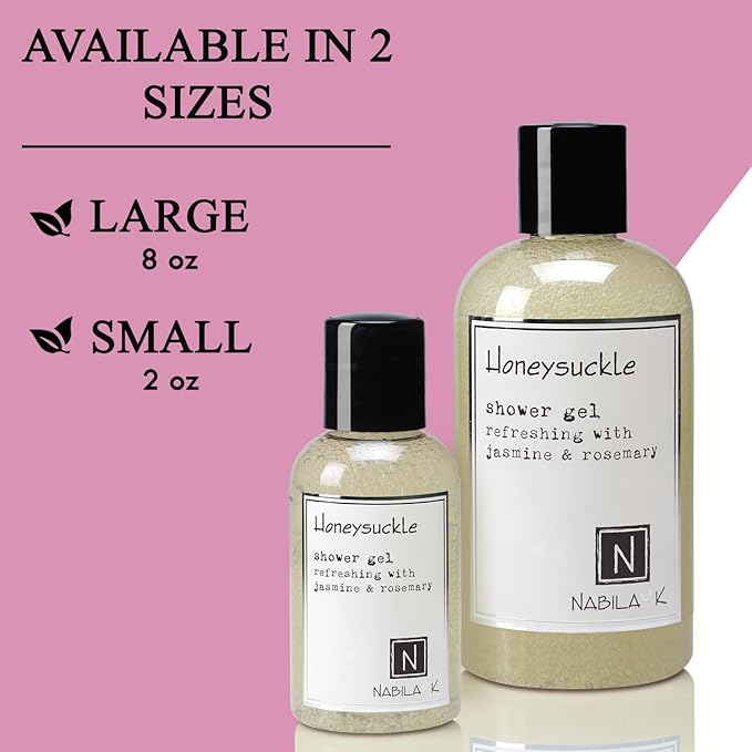 Nabila K Honeysuckle Shower Gel Refreshing Body Wash with Jasmine & Rosemary, 8 oz - Naturally Derived, Sulfate-Free, Paraben-Free - Made in the USA