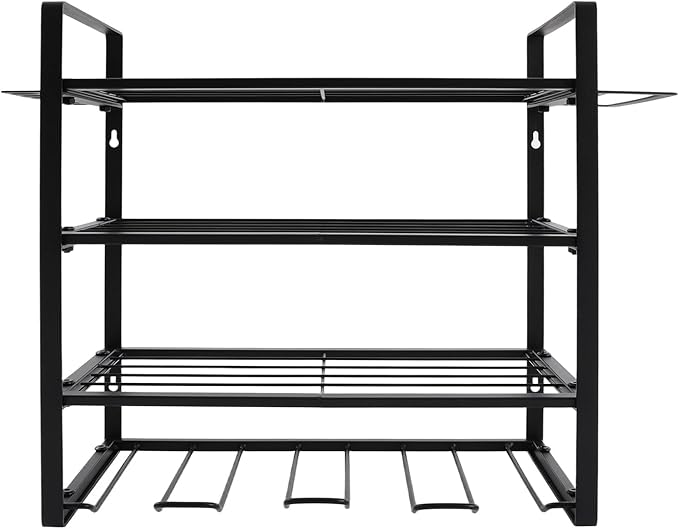 4-Tier Heavy Duty Tool Organizer Rack, Wall Mounted Tool Holder with Hooks, 132 lbs Capacity Carbon Steel Garage Storage Rack for Garages, Workshops, Repair Shops, Black