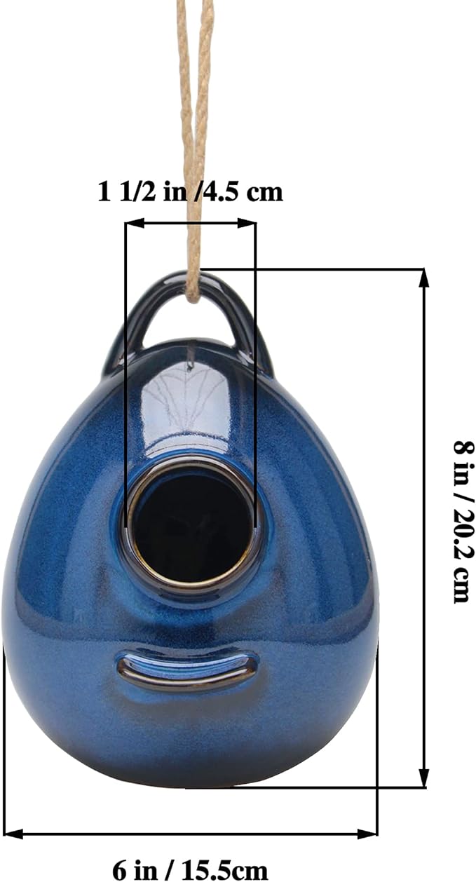 Kimdio Birdhouse Ceramic Hanging Birdhouses Bird Hut Hanging Outdoor Birdhouse for Wild Birds, Finch, Cardinal, and Bluebird - Blue