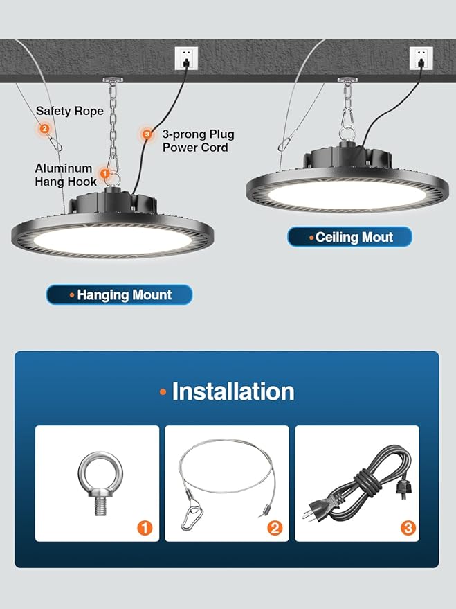 Super Bright 21000lm 5000k 150w 10 Pack UFO Led High Bay Shop Lights with 5'Cable 3-Pin Plug Hook Safe Rope for Garage Factory Warehouse Workshop Barn