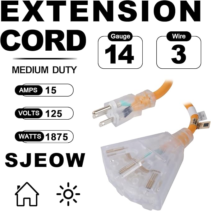 EP 25 Ft 14/3 SJEOW Heavy Duty Outdoor Extension Cord, Yellow 3-Outlet Power Cable with LED Lighted Plug, Water-Resistant for Indoor/Outdoor Use, Lawn, Garden, Appliances & Tools