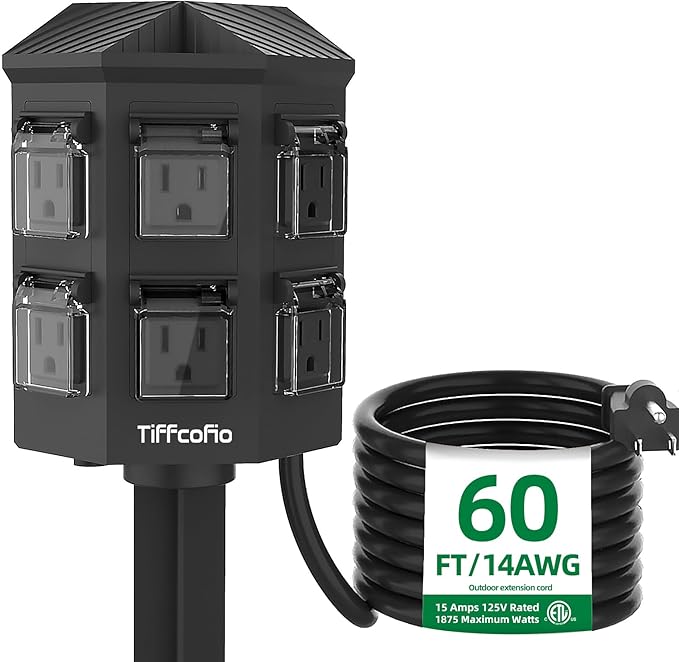 TiFFCOFiO Outdoor Power Strip Weatherproof, 60 FT Extension Cord with Stake, 6 Grounded Weatherproof Outlets for Yard Decorations, 15A/1875W, ETL Listed