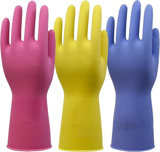 Rubber Kitchen Cleaning Gloves, Reusable Dishwashing Gloves, Non-Slip, with Flocked Liner, 3 Pairs Pink+Yellow+Blue