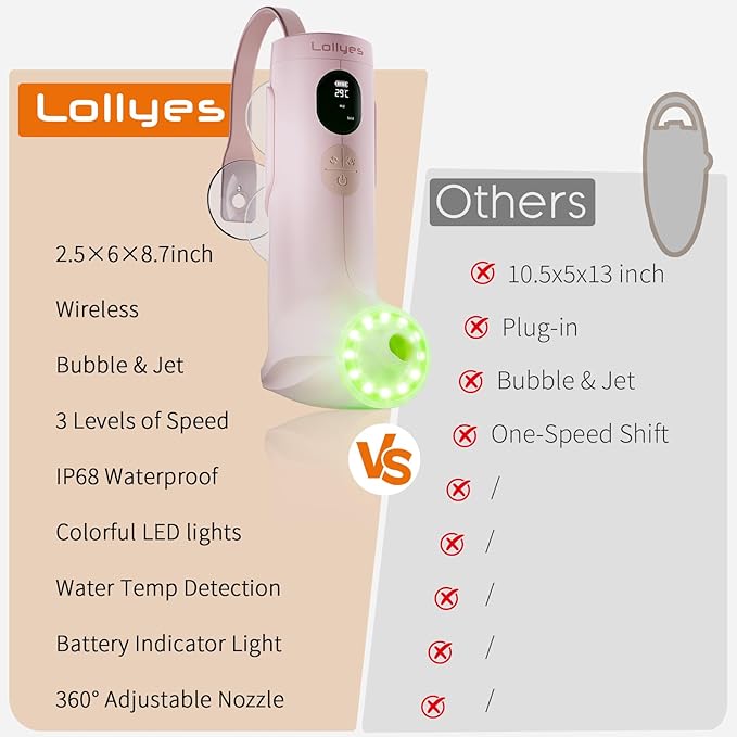 ollyes Cordless Bath Jets for Tub - 2 Modes (Jet/Bubble) with 3 Adjustable Speeds, IP67 Waterproof Portable Bubble Bath Machine, Spa Bath Accessories for Home Daily Relaxation (Pink)