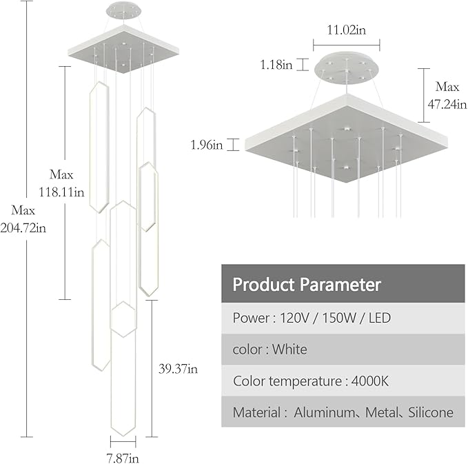 Modern Adjustable Height Chandelier White 4000K LED Pendant Lights 6 Rings Rectangular Celling Light Staircase Large Chandelier for High Ceilings Foyer Entryway
