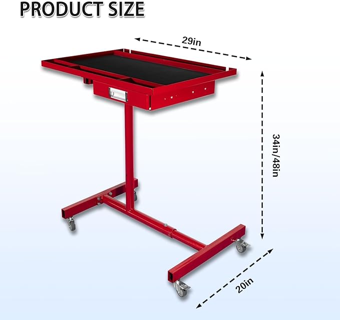 Mobile Tool Cart and Workbench, Adjustable Work Table with Wheels, Mechanic Rolling Heavy Duty Tool Tray Table for Garage Repair Shops