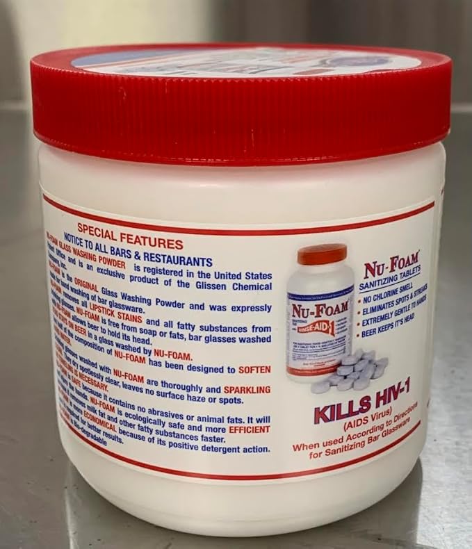 Nu-Foam Glass Washing Powder - Detergent for Bar Glassware – Original Streak-Free Solution - Hand Washing Bar, Tavern, Brewery Supplies - Concentrated 1 Lb Jar