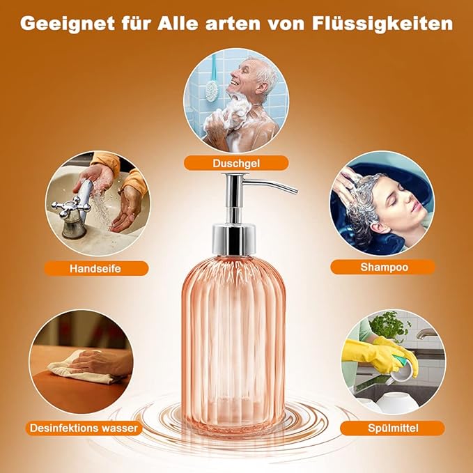 Pack of 2 Glass Soap Dispenser with Pump, 400 ml Liquid Soap Dispenser for Washing Up Liquid, Shampoo and Lotion, Refillable Soap Dispenser for Kitchen, Bathroom, Laundry Room (Amber)