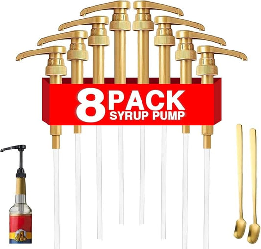 Premium 8 Packs Coffee Syrup Pump Dispenser, Fits 25.4 Oz/750ml Coffee Flavoring Syrup Bottles, No Dripping, Great for Home & Coffee Bar Drinking Mixes,Tea,Beverage,Plus Spoons(Gold,5.23")