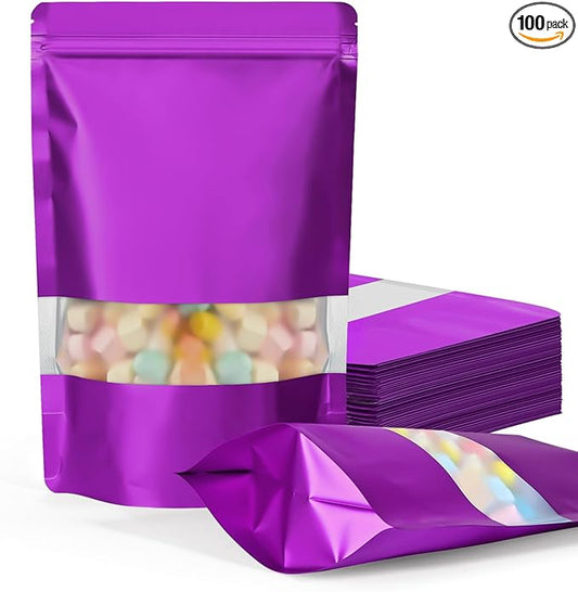 FireKylin 100 Pack Smell Proof Bags 5.5" x 7.8", Resealable Bags with Matte Window, Foil Pouch Stand Up Sealable Bags for Packaging（Purple）