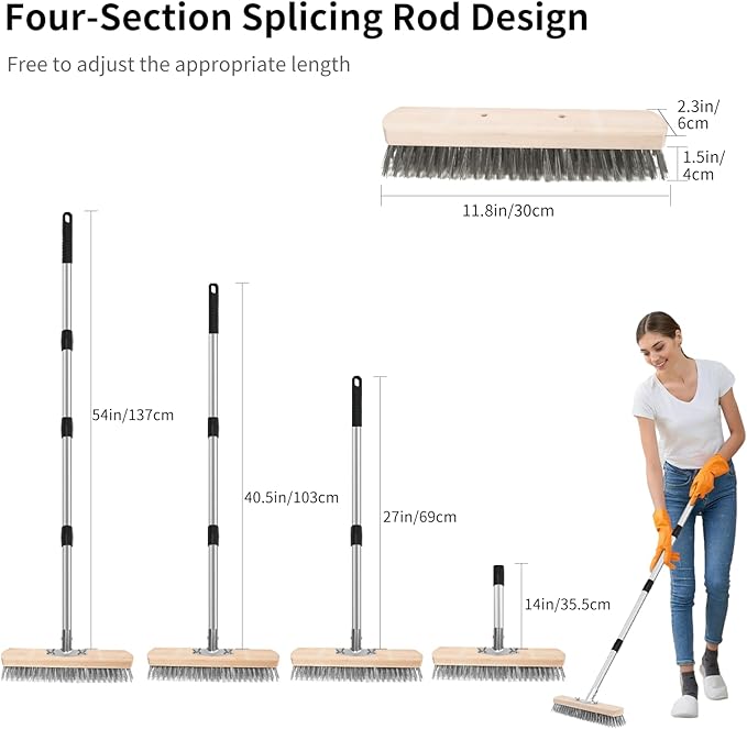 Stainless Steel Wire Scrub Brush with Long Handle, Moss Remover Wire Broom for Deck, Rough Surface, Concrete Floor, Patio, Garden, Garage