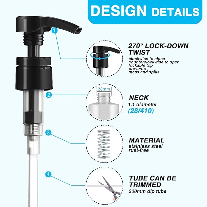 6 Pcs Black Shampoo Conditioner Pump Dispenser, Leak Proof for Body Wash, Gel, Shampoo Pumps fits 1 Liter/33.8 Oz Bottles