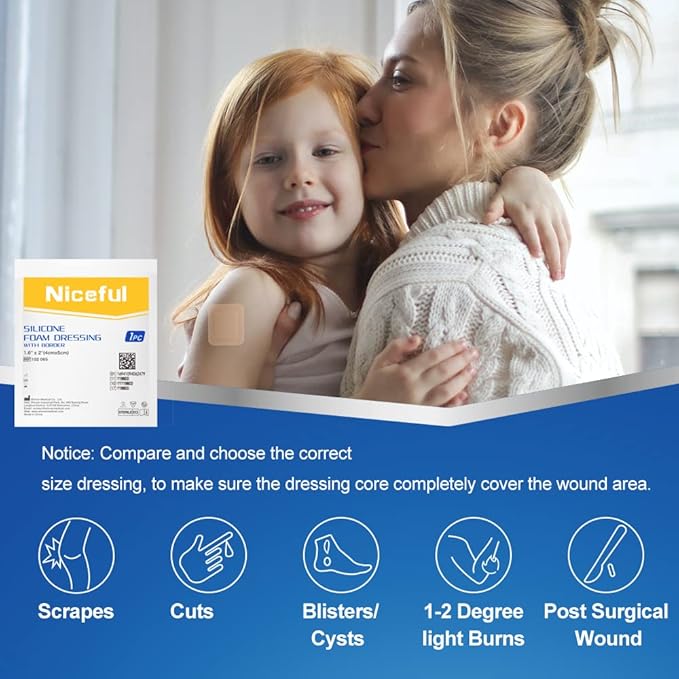 10 Count Silicone Foam Dressing 1.6" x 2", Wound Dressing for Minor Surgical Incisions, Abrasions, Absorbent Silicone Bandages for Sensitive Skin, Small Bed Sore Bandages