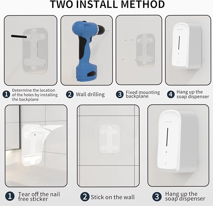 JETWELL Automatic Touch-Less Wall Mount Hand Soap Dispenser Liquid Drop Battery Operated, White Plastic Cover Large Capacity 34OZ/1000ML for Kitchen Home Commercial Bathroom