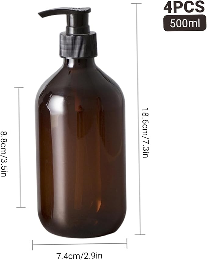 Pump Bottle Dispenser, 4PCS Soap Dispenser with Pump, 500ml/17oz Plastic Shampoo, Refillable Lotion Bottle for Cream