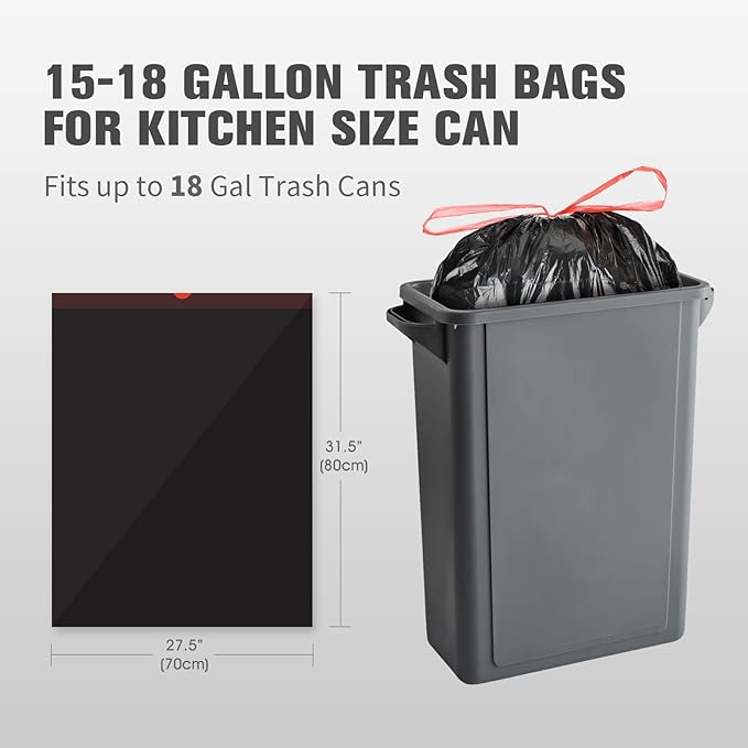 15-18 Gallon Black Trash Bags with Drawstring (102 Count) Fit 16, 17 Gal High Density Large Garbage Bags, Strong Plastic Trash Can Liners for Kitchen Lawn Commercial