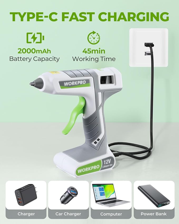WORKPRO Full Size Cordless Hot Melt Glue Gun - 12V Rechargeable Fast Preheating Glue Gun Kit with 15pcs Full Size Glue Sticks, Auto Power-off Glue Gun for DIY Project, Art, Craft, Decoration - White