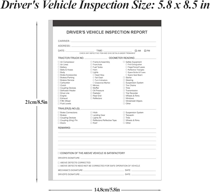 (10-Pack) Detailed Driver's Vehicle Inspection Report Book Format, 2-Ply Carbonless, 31 Sets of Forms per DVIR Log Book for Truck Drivers, 5.8" x 8.3"